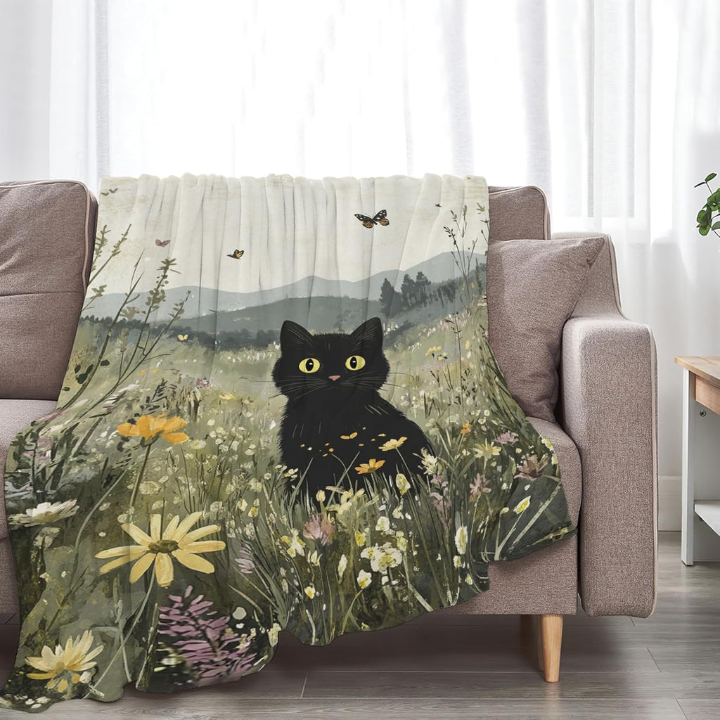 Black Cat Blanket Floral Wildflower Kitten Throw Blankets Gifts for Girls Boys Kids Cat Lover Soft Cozy Fleece Plush for Couch Sofa Bed 60"x50"