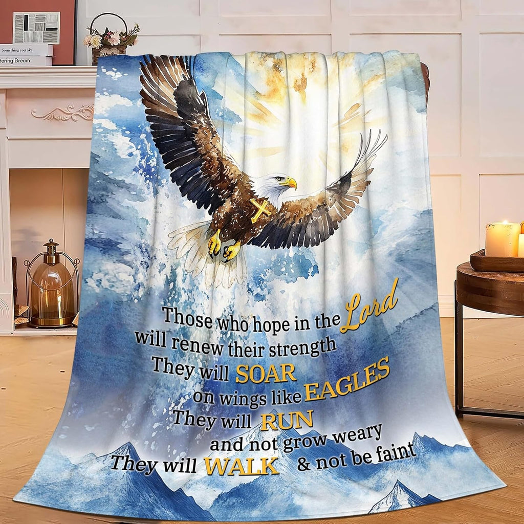 Bald Eagle Blanket Christian Faith Religious Bible Verse Inspirational Scripture Throw Catholic Spiritual Gifts for Adults Women Men Kids Girls Boys Plush Fuzzy Fleece Blanket Decor 50''X60''
