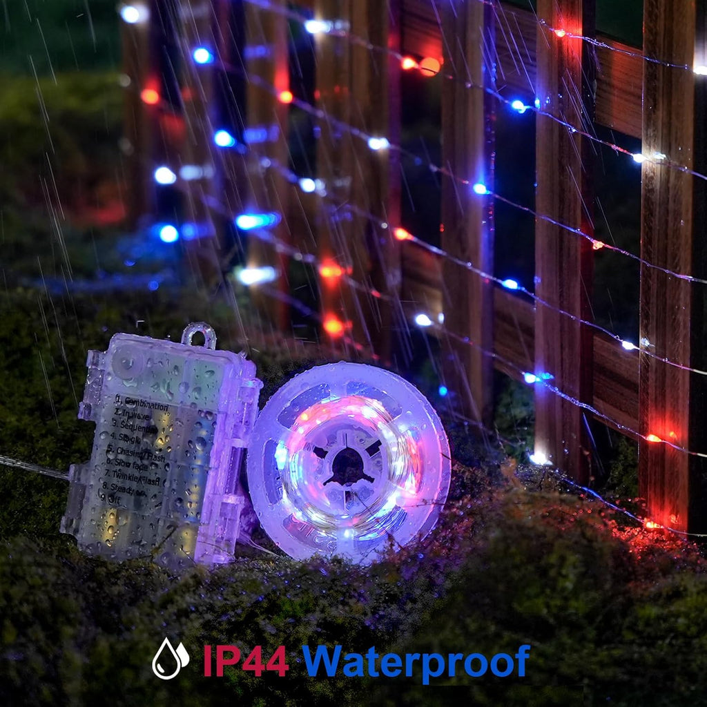 JMEXSUSS 2 Pack Red White and Blue Fairy Lights Battery Operated, Total 200 LED 66ft Battery Powered Twinkle Light with Remote, 8 Modes Red White and Blue String Lights for 4th of July Decorations