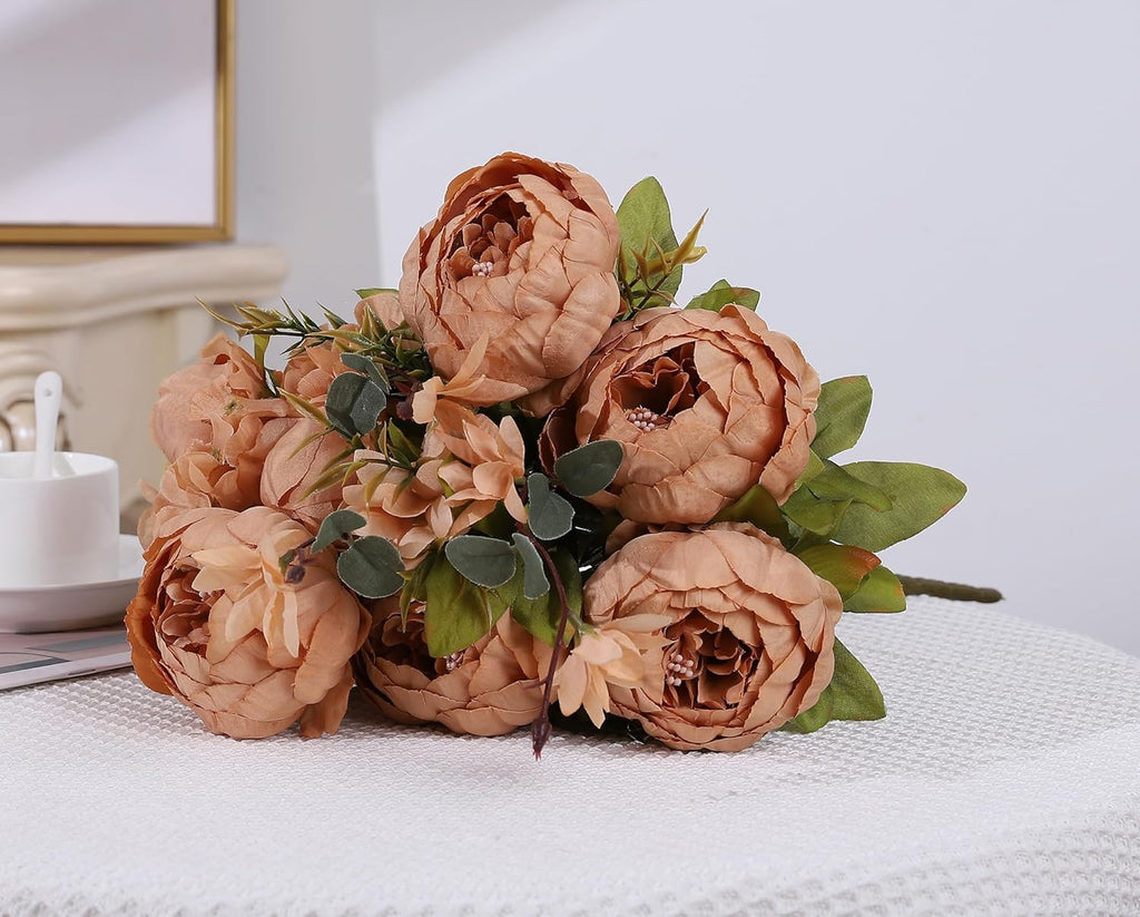 Duovlo Artificial Peony Silk Flowers Fake Flowers Vintage Wedding Home Decoration,Pack of 1 (Dark Champagne)
