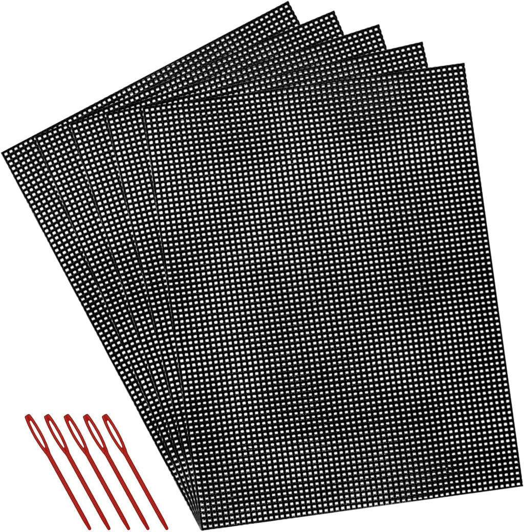 5 Pcs 7 Count Plastic Mesh Canvas Sheets for Embroidery Crafting - 10.2" x 13.2", Acrylic Yarn Crafting, Knit and Crochet Projects, Make Aquarium Dividers, with 5 Pcs Weaving Needles, Black