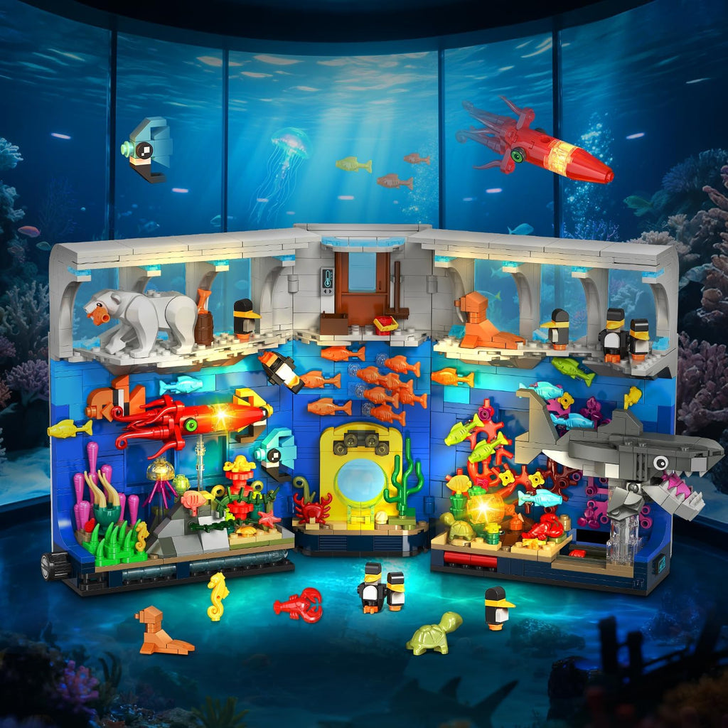 HOGOKIDS Aquarium Book Nook Building Set with Lights - Booknook Fish Building Toy for Bookshelf Home Decor, 1064PCS Movable Shark Ocean Polar Animals Blocks Bookend Kit for Adults Teens Boys Girls 8+