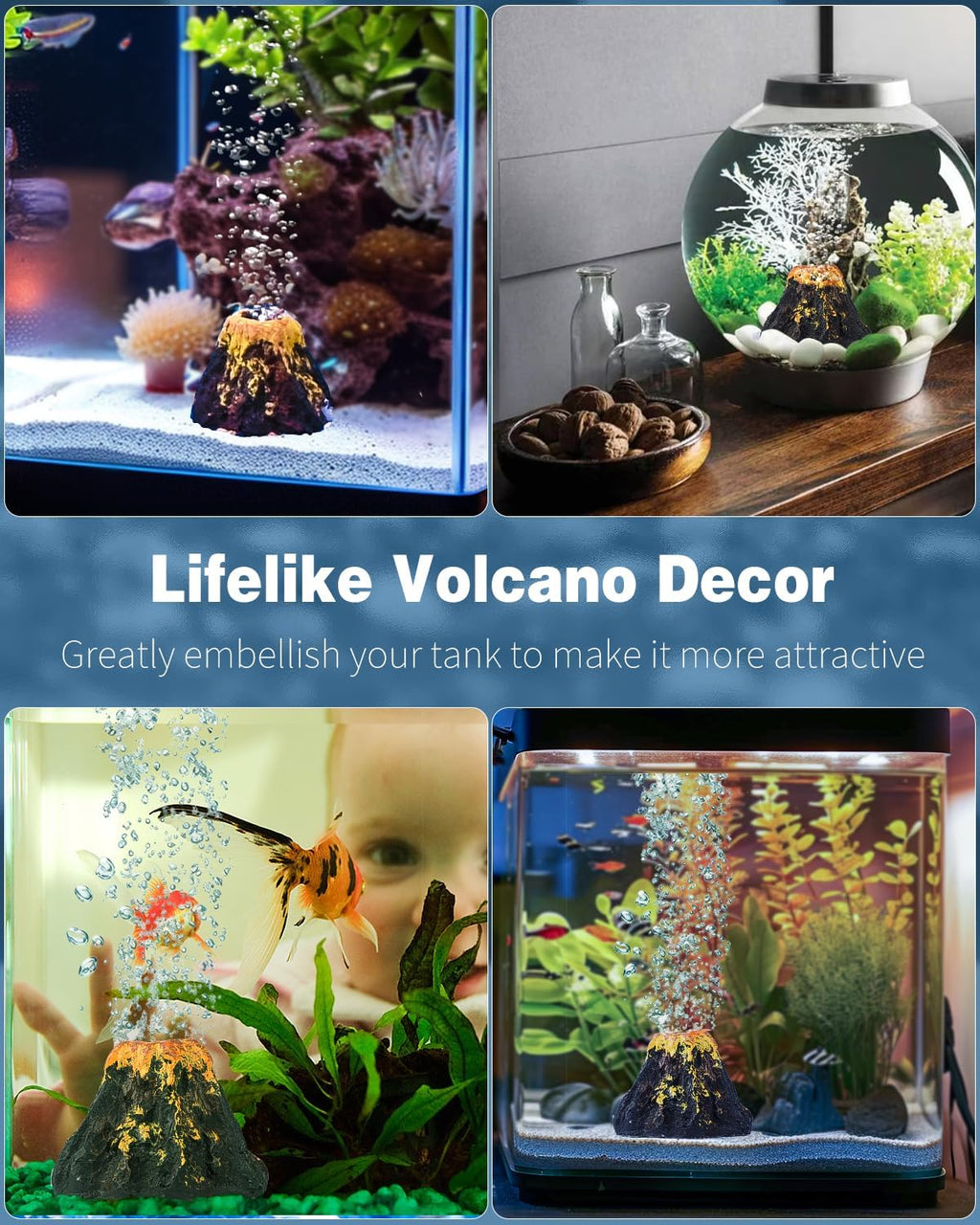Uniclife Aquarium Volcano Ornament Kit, Fish Tank Decoration Mini Resin Volcanic Decor for Fish Tank Landscape Realistic Mountain with Air Stone Bubbler Airline Tubing Accessories for Oxygenation