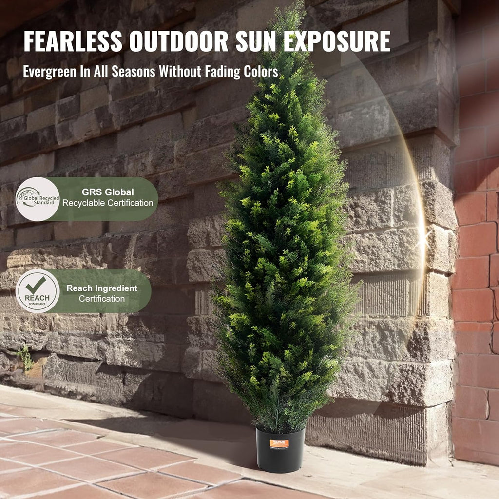 VEVOR Artificial Topiary Cedar Tree, 60 inch Tall (2 Pieces), with Extra Leaves & Pot Faux Evergreen Fake Pine Cypress Trees Plant, UV Rated Artificial Greenery Set for Home Decor Indoor/Outdoor