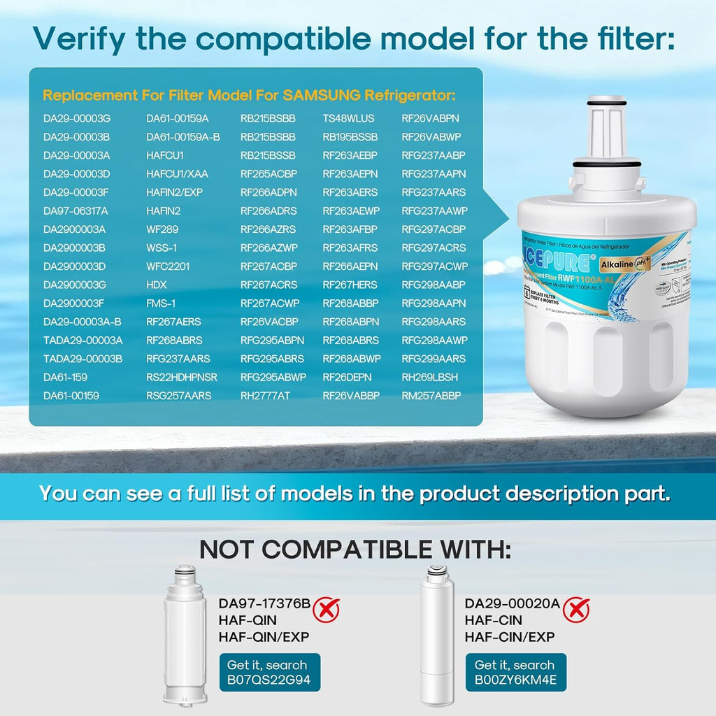 ICEPURE Alkaline DA29-00003G Refrigerator Water Filter Replacement for Samsung DA29-00003A, DA29-00003B, Aqua-Pure Plus, HAFCU1, FMS-1 WSS-1 WF289 RFG237AARS RS22HDHPNSR RSG257AARS, Enhances PH, 3Pack