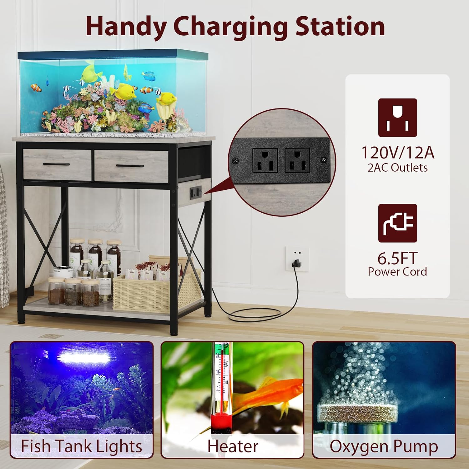 TFK 20-29-37 Gallon Fish Tank Stand with Power Outlet, Heavy Duty Metal Aquarium Stand with Two Storage Drawers for Fish Tank Accessories Storage, Perfect for Turtle Tank, Reptile Terrarium, Grey