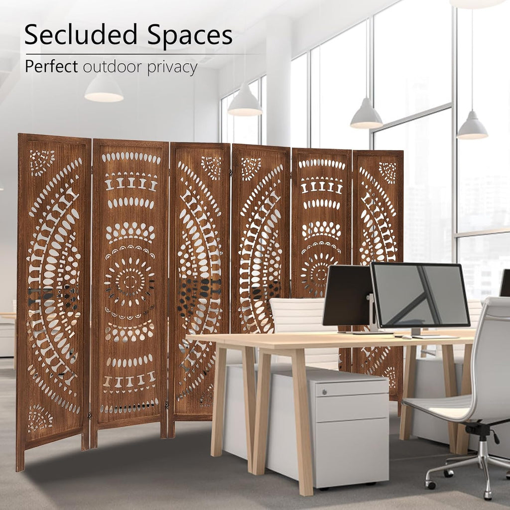 Carved Room Divider Wall, 5.6 FT Tall Room Divider Room, 6 Panel Wood Screen, Portable Freestanding Wall Divider Screen for Room Separation Home Bedroom Office Restaurant (Dark Brown)
