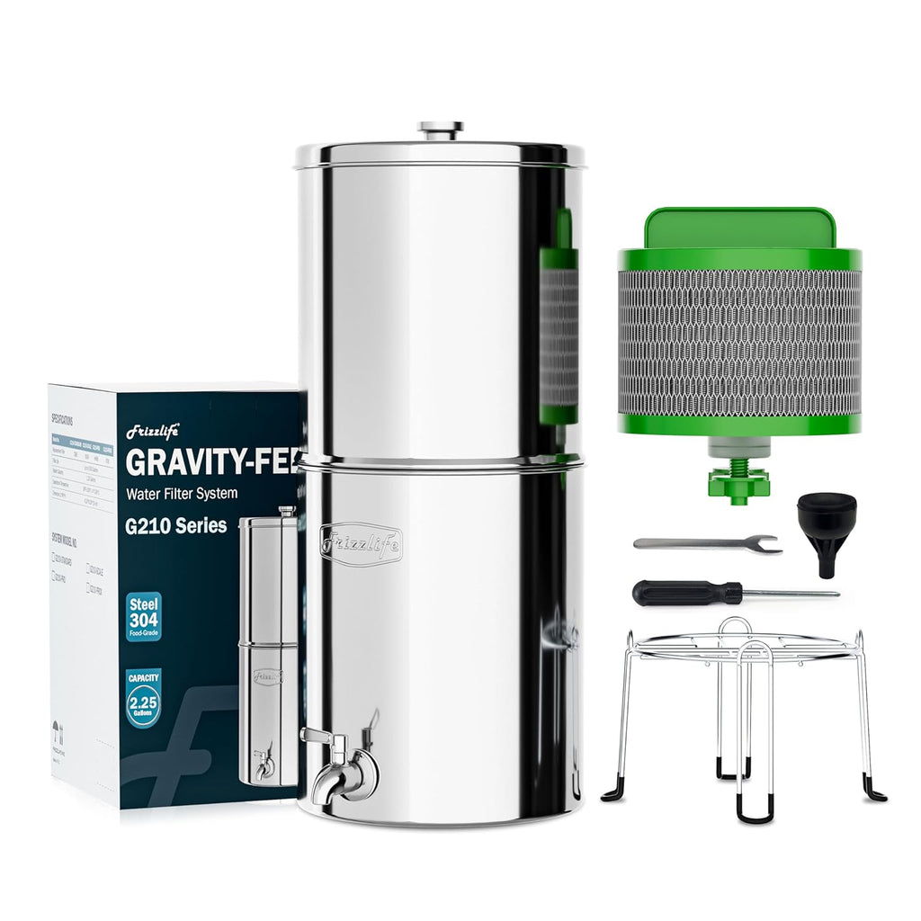 Frizzlife Reduces 99.9% Lead Gravity-fed Water Filter System, NSF/ANSI 42&372 Standards, 2.25G Countertop Water Filter Reduces Chlorine, Heavy Metals, with Activated Carbon Filter and Stand, G210-PRO