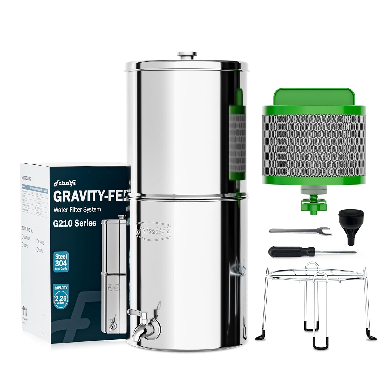 Frizzlife Reduces 99.9% Lead Gravity-fed Water Filter System, NSF/ANSI 42&372 Standards, 2.25G Countertop Water Filter Reduces Chlorine, Heavy Metals, with Activated Carbon Filter and Stand, G210-PRO