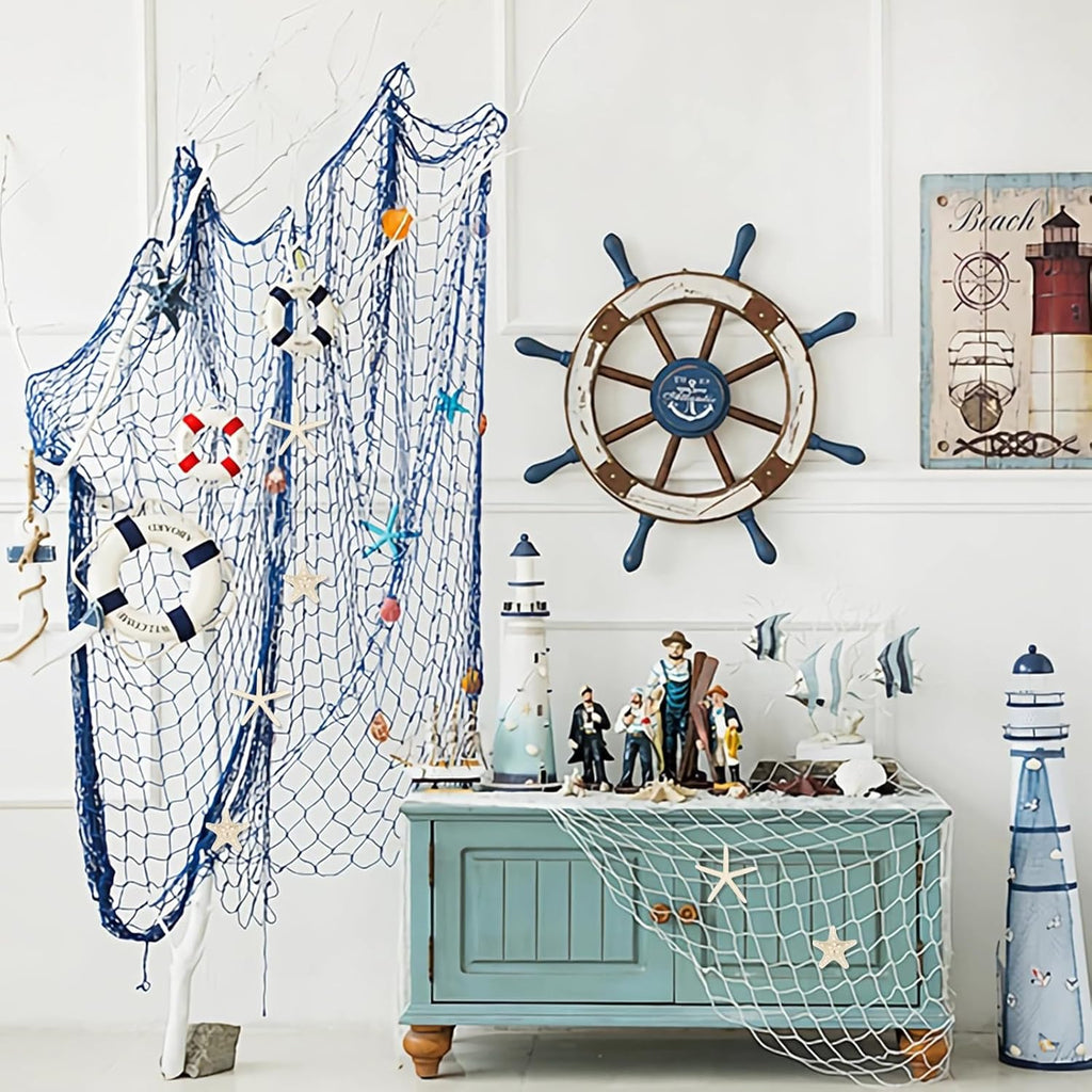 Fangoo 79x39 Inch Nautical Fishing Net Wall Decorations for Under the Sea Party with Shells and Starfish Crafts Bathroom Ceiling Table Decor for Beach Ocean Pirate Wedding Themed Party (blue)
