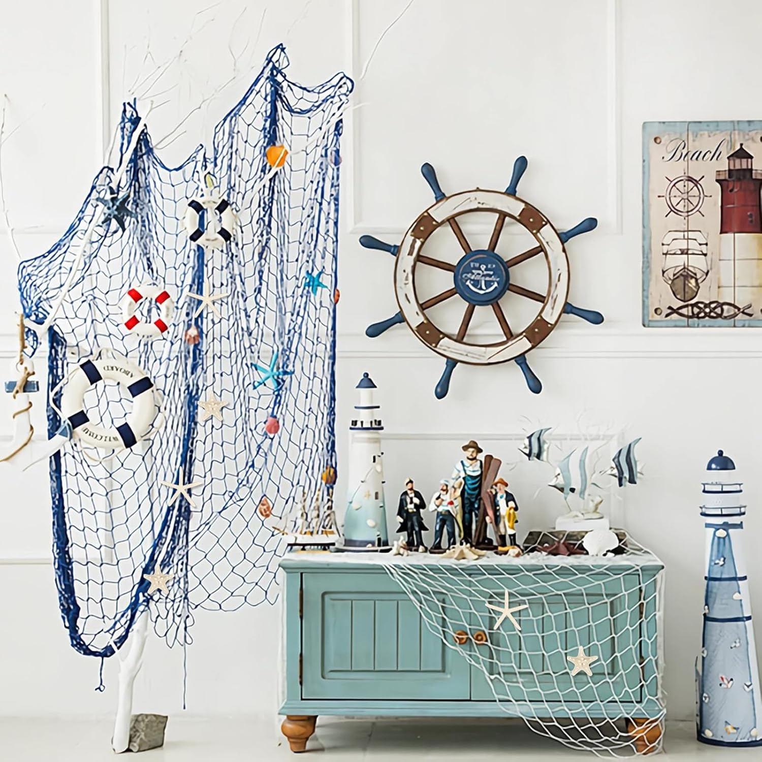 Fangoo 79x39 Inch Nautical Fishing Net Wall Decorations for Under the Sea Party with Shells and Starfish Crafts Bathroom Ceiling Table Decor for Beach Ocean Pirate Wedding Themed Party (blue)