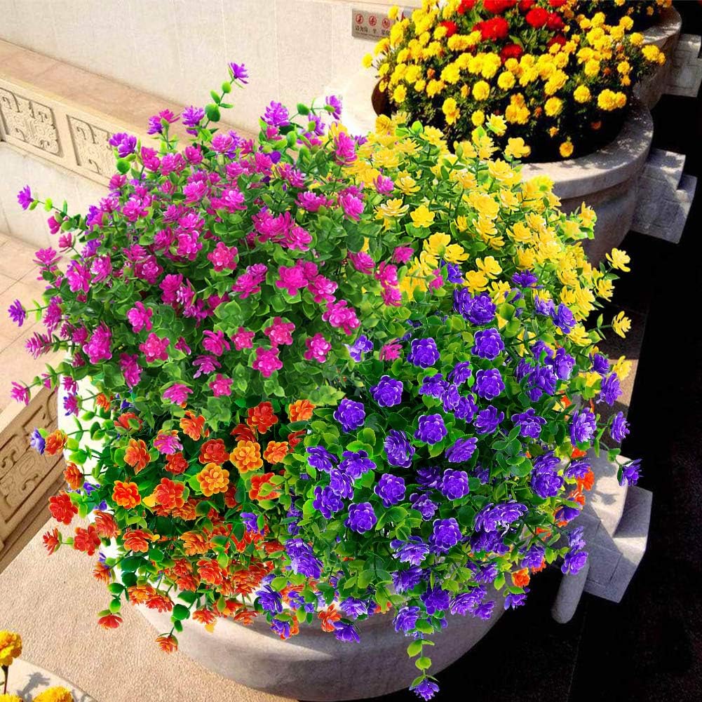 12 Bundles Outdoor Artificial Flowers UV Resistant Fake Boxwood Plants, Faux Greenery for Indoor Outside Hanging Plants Garden Porch Window Box Home Wedding Farmhouse Décor (Purple)
