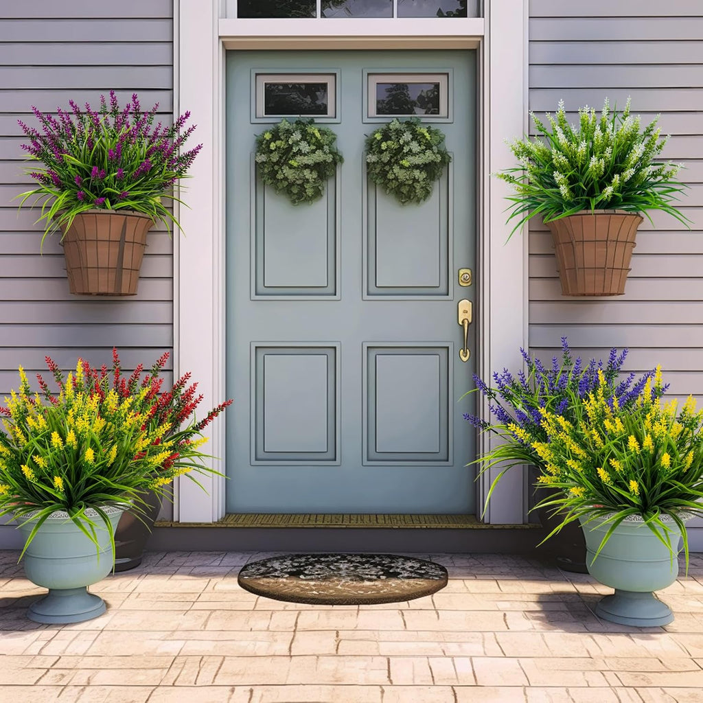 Artificial Flowers for Outdoor Plants 24 Bundles Fake Lavender Plastic Faux Monkey Grass for Verandah Window Garden Office Patio Front Porch UV Resistant for Planter(Yellow)