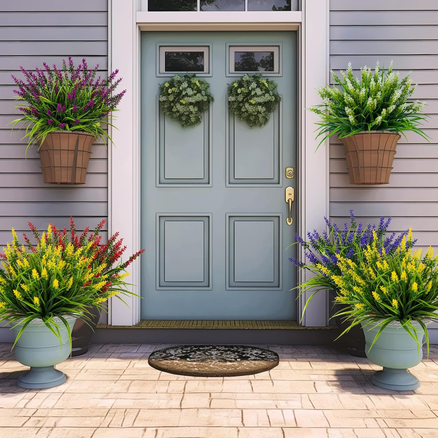 Artificial Flowers for Outdoor Plants 24 Bundles Fake Lavender Plastic Faux Monkey Grass for Verandah Window Garden Office Patio Front Porch UV Resistant for Planter(Yellow)