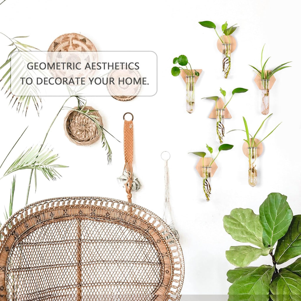MITIME Wall Hanging Planter Glass Plant Propagation Station,Geometric Wooden Stand for Home Office Decoration.