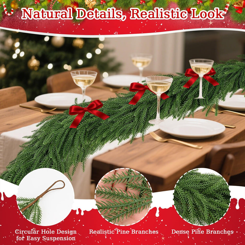 9 Ft Norfolk Pine Garlands,Artificial Christmas Real Touch Greenery Garland Realistic Faux for Mantle,Table,Sairs,Wall, Indoor,Outdoor Holiday Christmas Decorations Xmas-Green