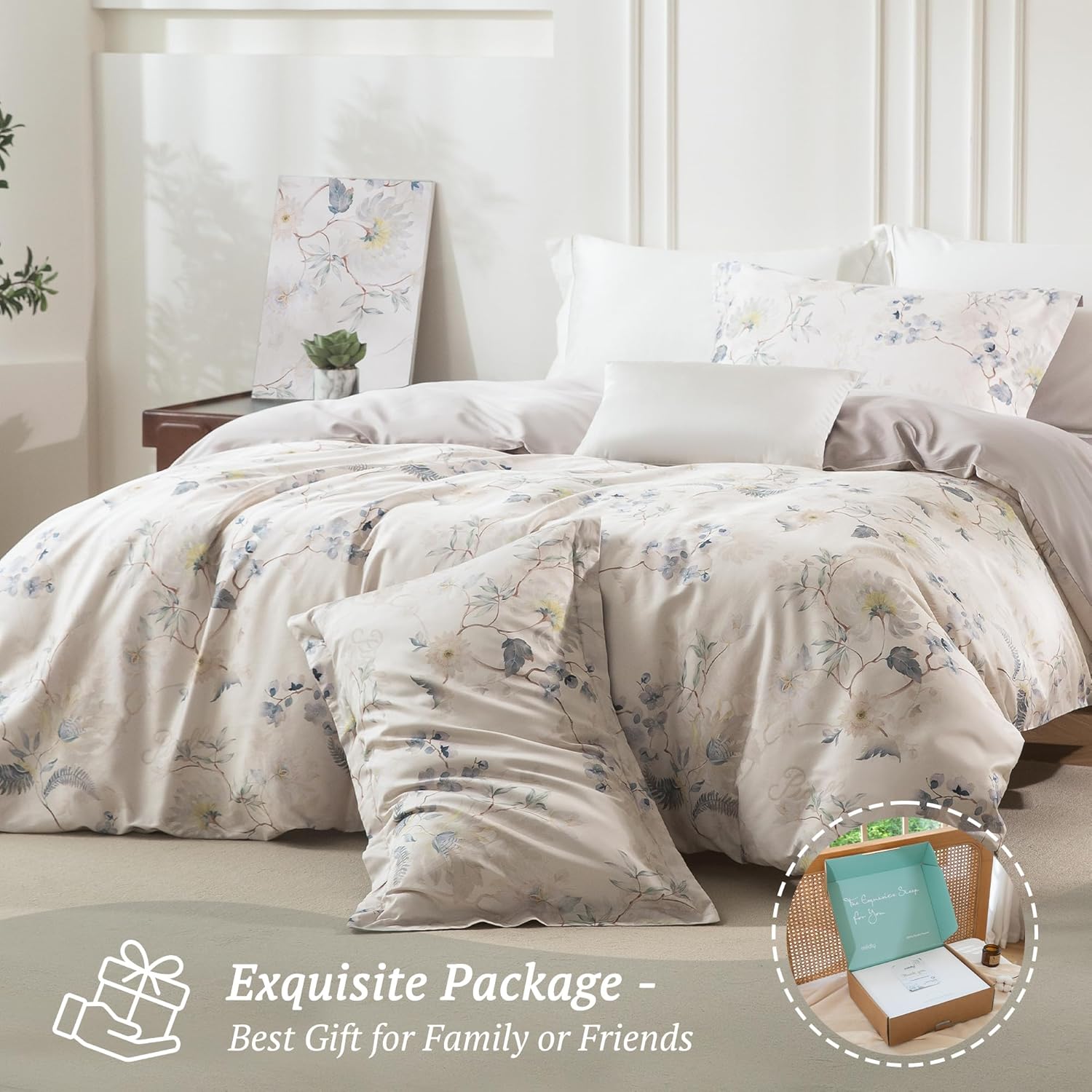 MILDLY King Size Duvet Cover Set 100% Long-Staple Cotton Luxury Elegant Floral Patten Reversible Comforter Cover Set 3Pcs