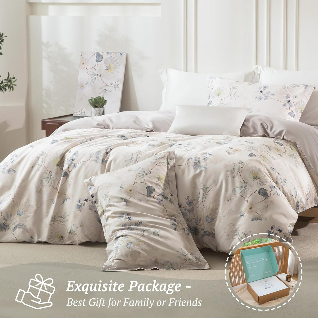 MILDLY Cal King Size Duvet Cover Set 100% Long-Staple Cotton Luxury Elegant Floral Patten Reversible Comforter Cover Set 3Pcs