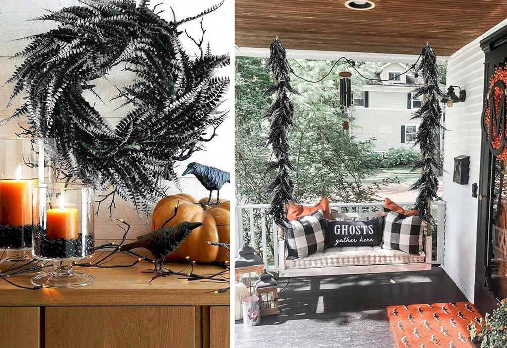 RECUTMS 2pcs Black Garland Artificial Boston Palnts 6 FT Fern Garland Faux Hanging Greenery UV Resistant Halloween Wreath for Outdoor Indoor Halloween Decor (Black+White)