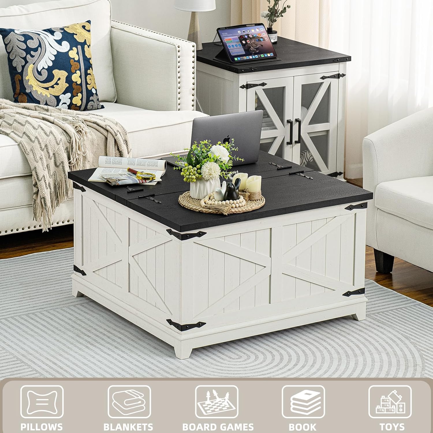 Farmhouse Coffee Table with Hidden Storage Compartment, Antique Black & White Square Large Center Table for Living Room, Wood Rustic Wide Coffee Tables with Hinged Lifting Tabletop for Home