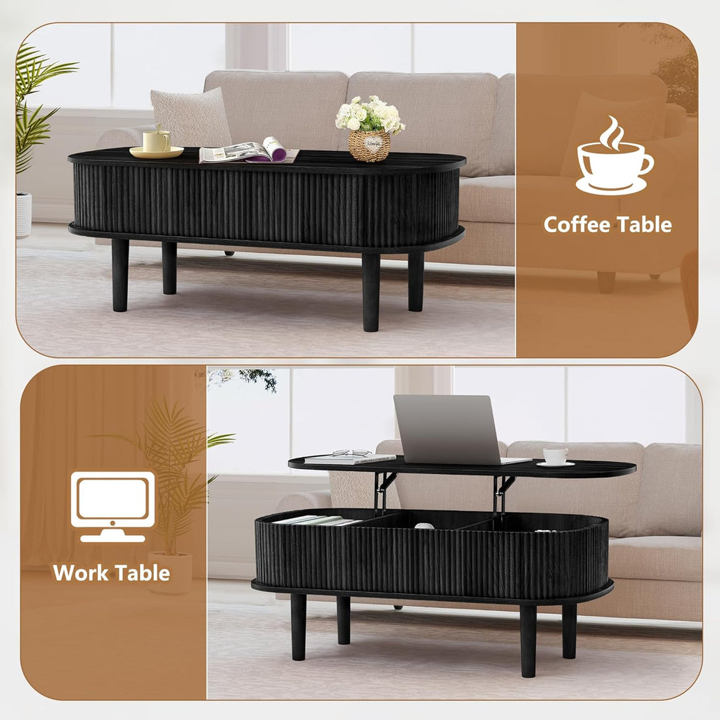 Fluted Lift Top Coffee Table with Hidden Compartment, Fully Assembled Wooden Center Table, Modern Oval Lift Tabletop for Home Living Room Office, Black
