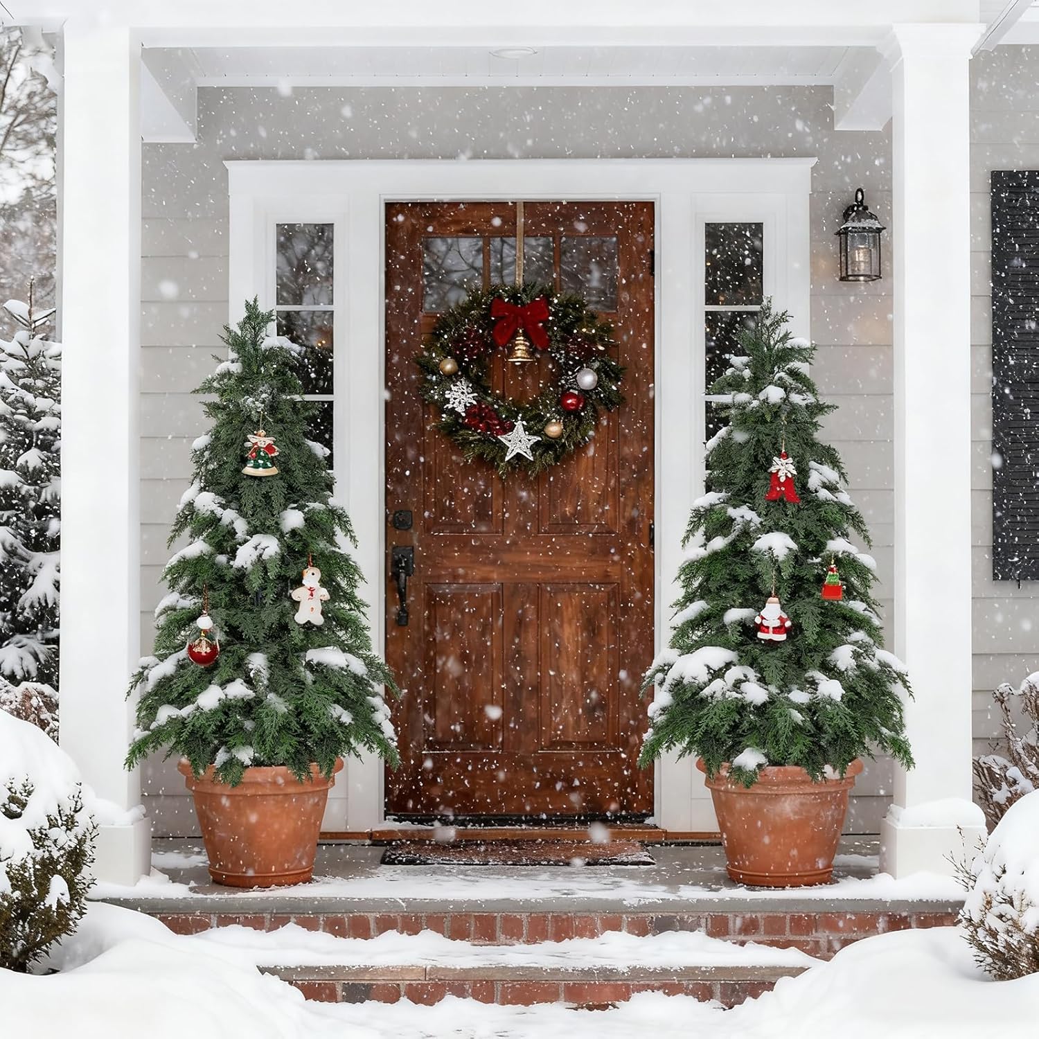 2Pack Artificial Topiary Trees, 4FT Faux Cypress, Faux Evergreen Pine Shrubs Plants with Pot, Potted Plants for Front Porch Indoor Outdoor Garden Christmas Decor
