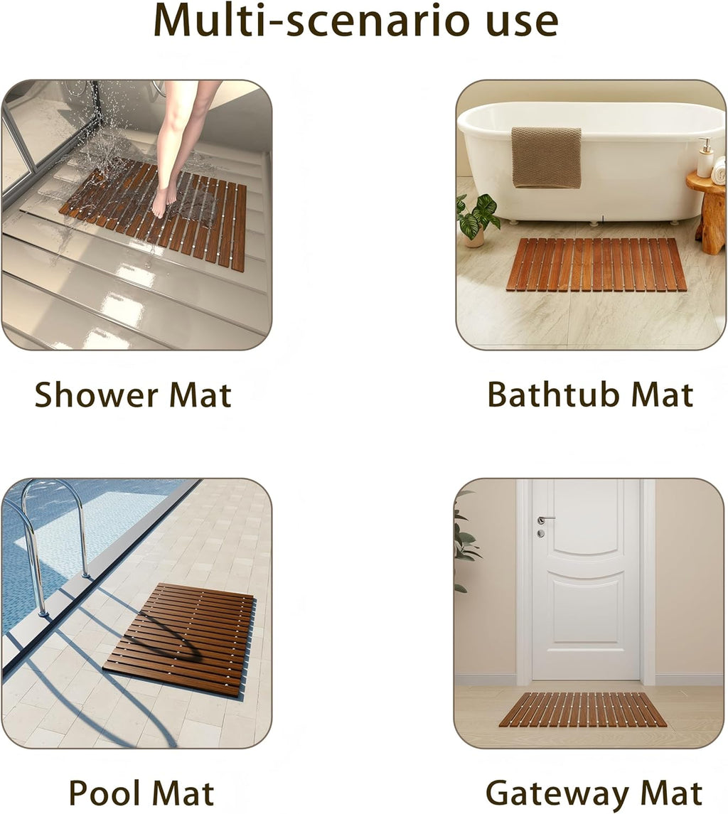 Teak String Shower Mat,Wood Non Slip Bath Mats for Bathroom, Quick Dry Bath Tub Mat for Spa, Sauna, Pool, Hot Tub Flooring Decor and Protector(19.7" W x 31.5" L)