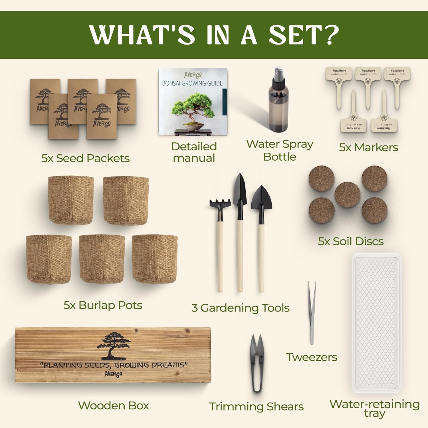 AVERGO Bonsai Tree Kit for Beginners – 5X Unique Japanese Bonzai Trees | Complete Indoor Bonsai Starter Kit for Growing Bonsai Plants with Tools & Planters – DIY Gardening Gifts for Women & Men