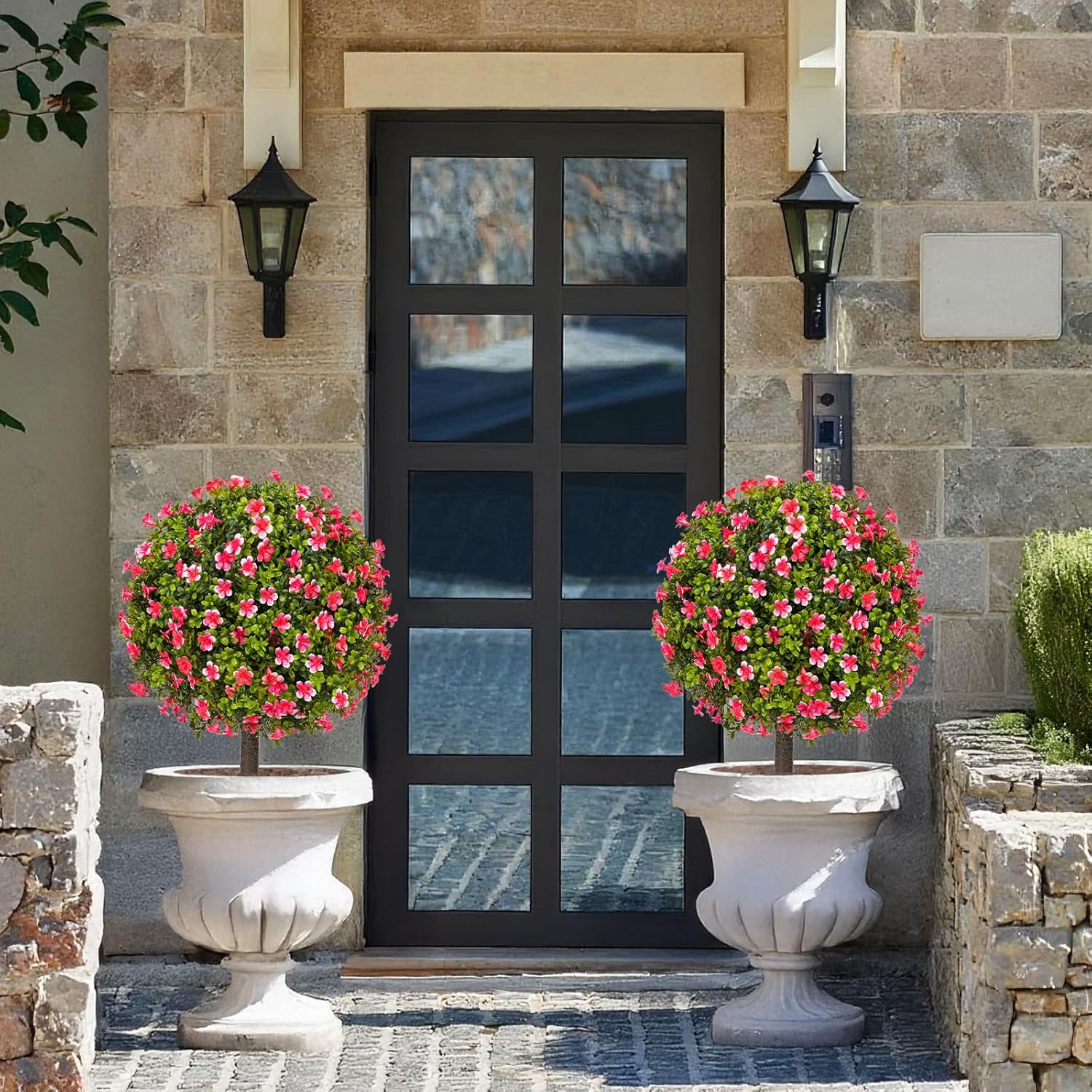 25" Artificial Boxwood Topiary Ball Trees with Rose Pink Flowers, Set of 2 UV Resistant No Fade Outdoor Faux Plants with Ground Spike, Fake Shrubs for Garden, Patio, Porch, Yard, Indoor Decor