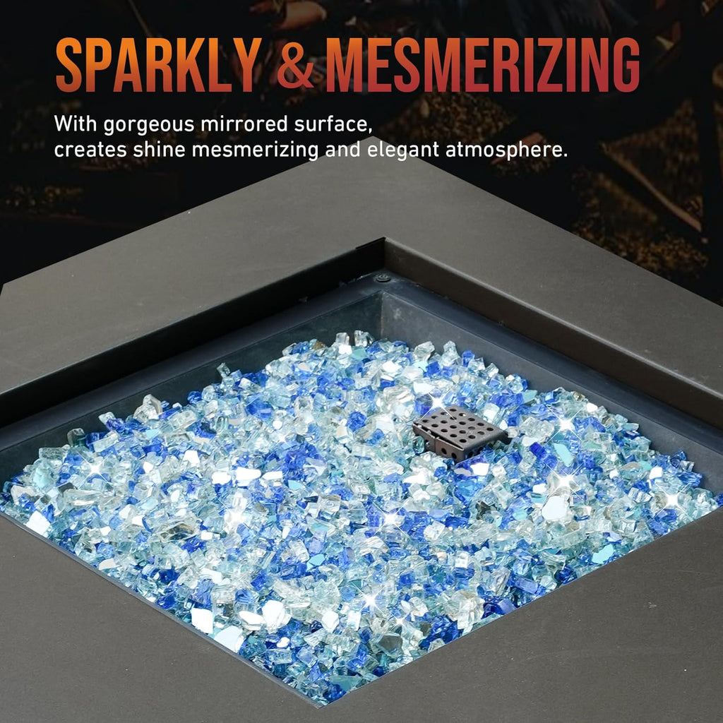 Skyflame 10-Pound Blended Fire Glass for Fire Pit Fireplace Landscaping, 1/4 Inch Aqua Blue, Platinum, Cobalt Blue, Reflective