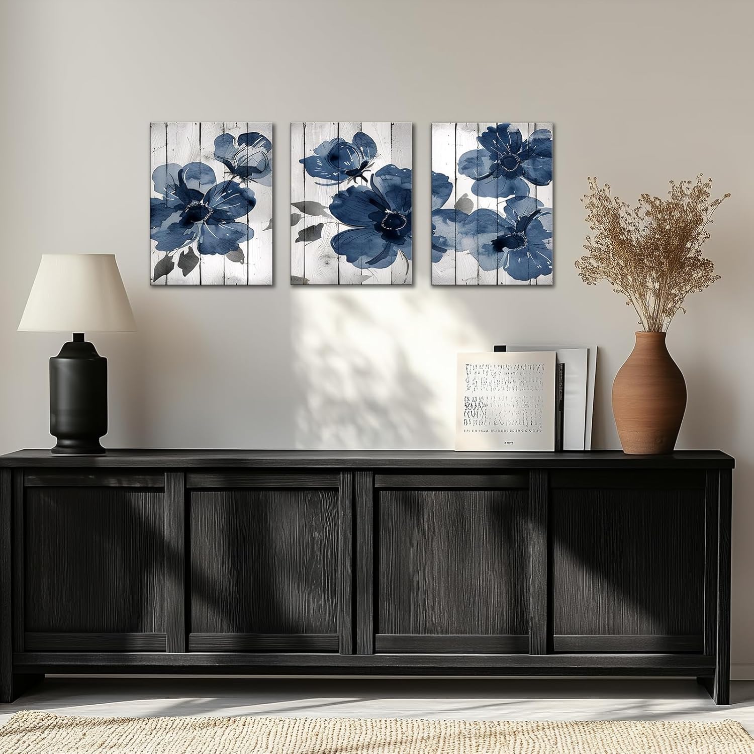 The Mode Art Canvas Wall Art Navy Blue Wildflower Watercolor Boho Botanical Floral 3Pcs Flower Wall Decor Pictures Modern Posters for Bedroom Living Room Home Decoration 12x16in