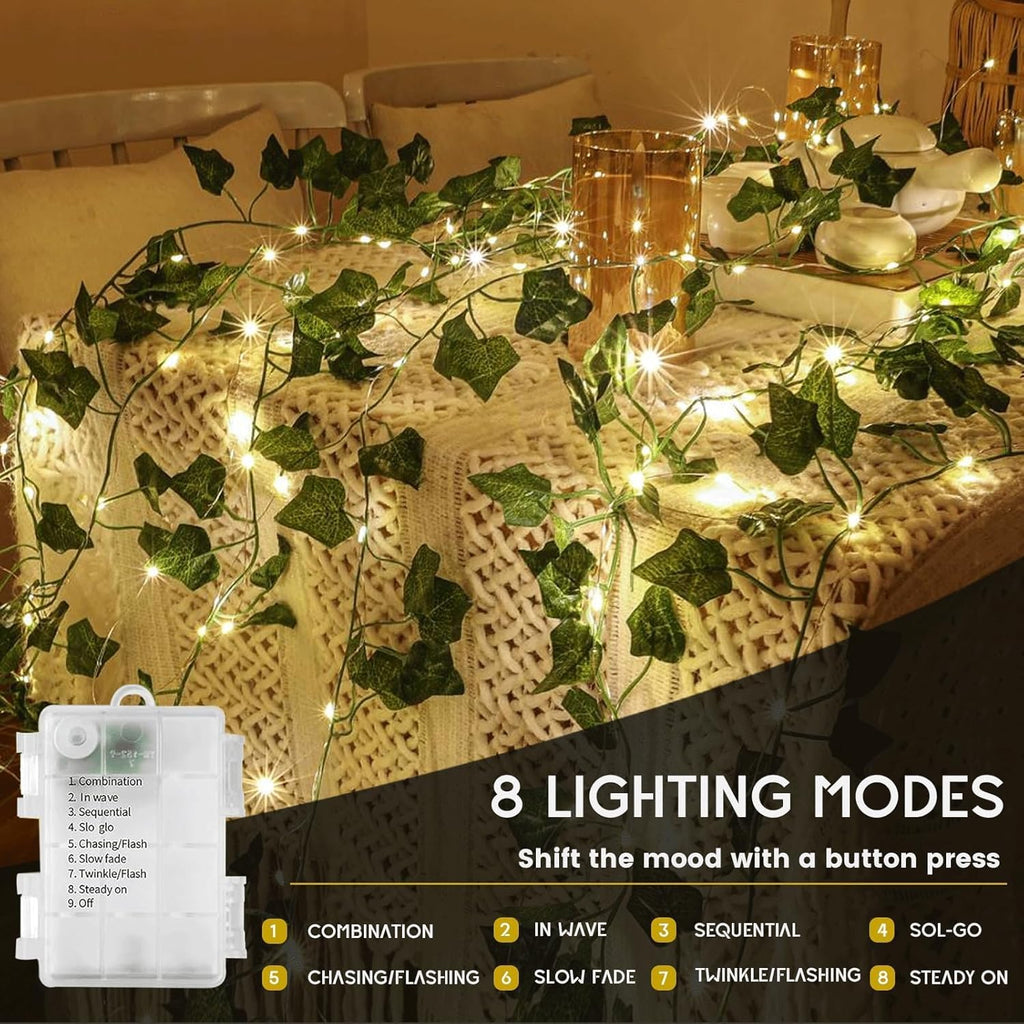 33 Ft Vine with Fairy Lights Battery Operated, 8 Flashing Model Waterproof 100 LEDs Battery Powered Artifical Ivy Leaves Vine String Light for Garland Bedroom Wedding Party Holiday Patio Decor