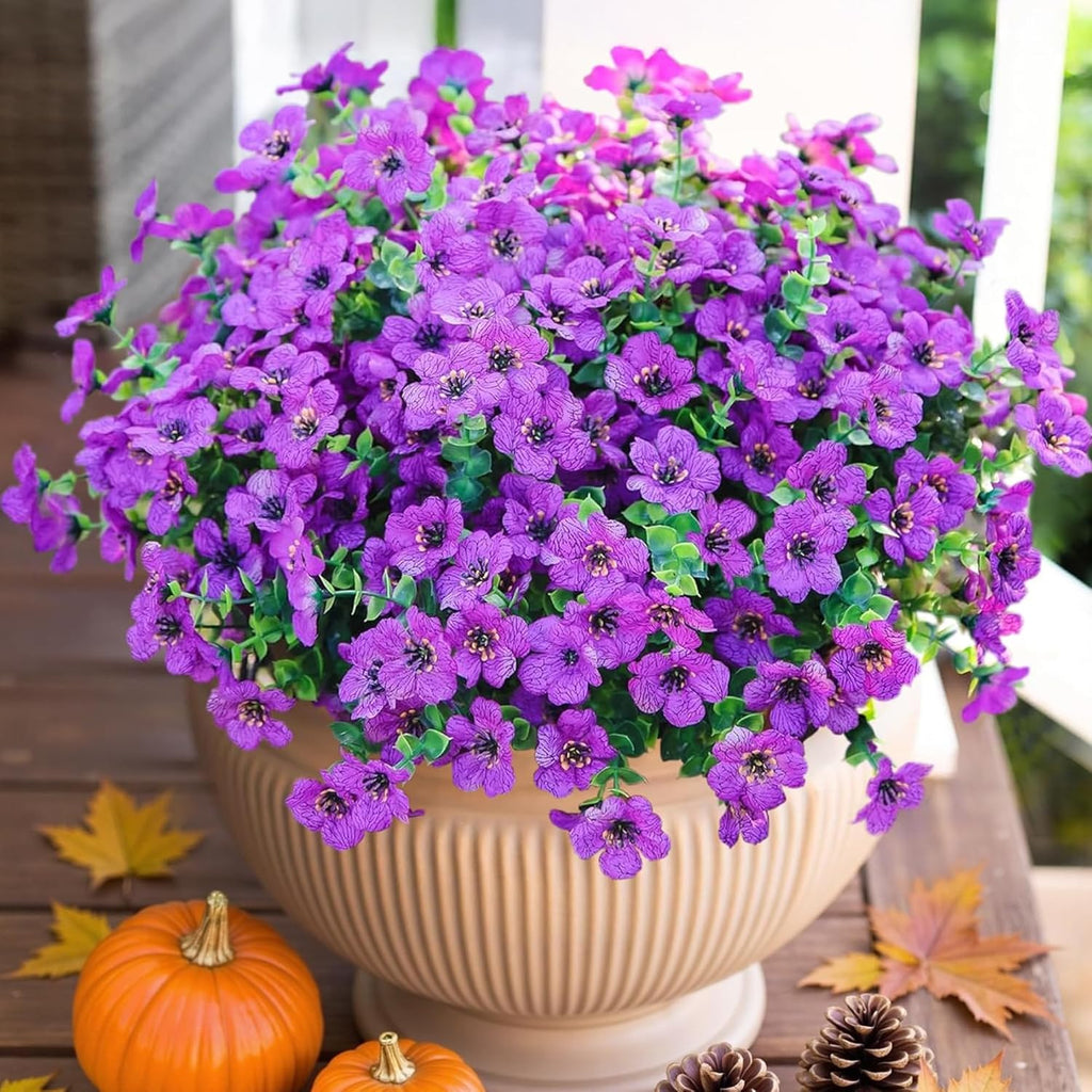 HyeFlora Artificial Flowers for Outdoor Indoor Garden Home Decoration, Faux Flower Daisy with Eucalyptus Leaves Fake Plants Greenery Boxwood Porch Patio, 12 Bundles (Purple)