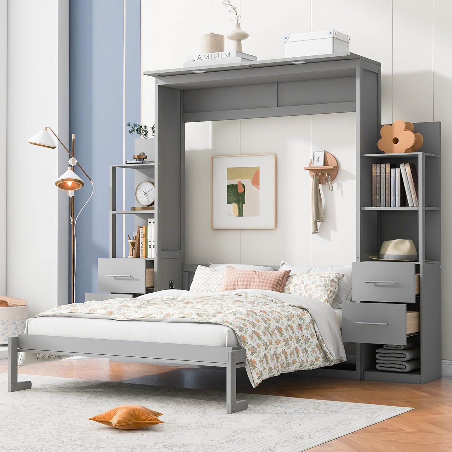 MERITLINE Full Murphy Bed with Storage Drawers,LED Lights and Storage Bookcase Shelves,Wood Murphy Wall Bed Cabinet for Adults