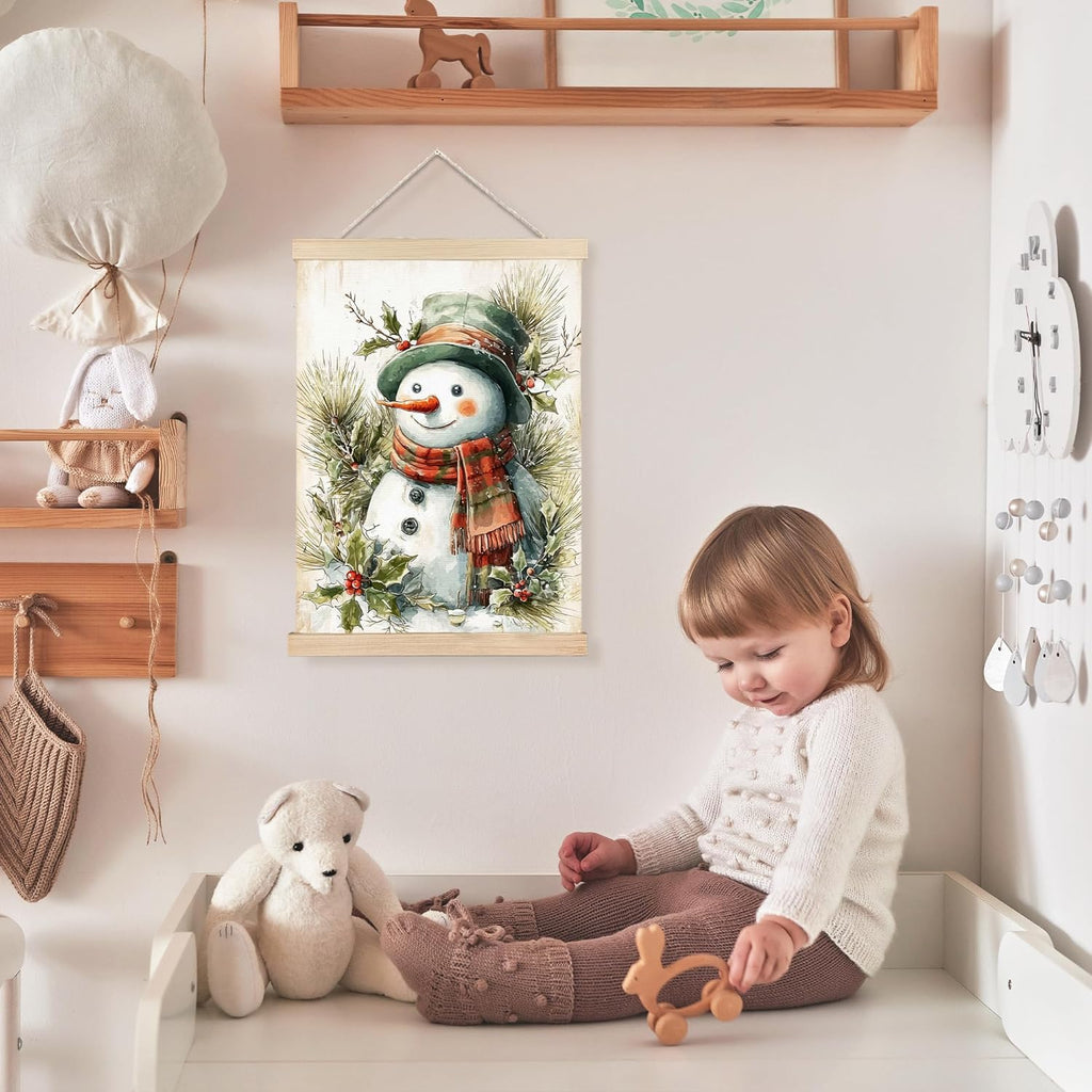 FDHSPAAM Farmhouse Christmas Snowman Wall Art Decor, Vintage Christmas Decor, Retro Rustic Winter Pine Snowman Wall Art Posters for Home Bedroom Living Room, 12x16 Inch