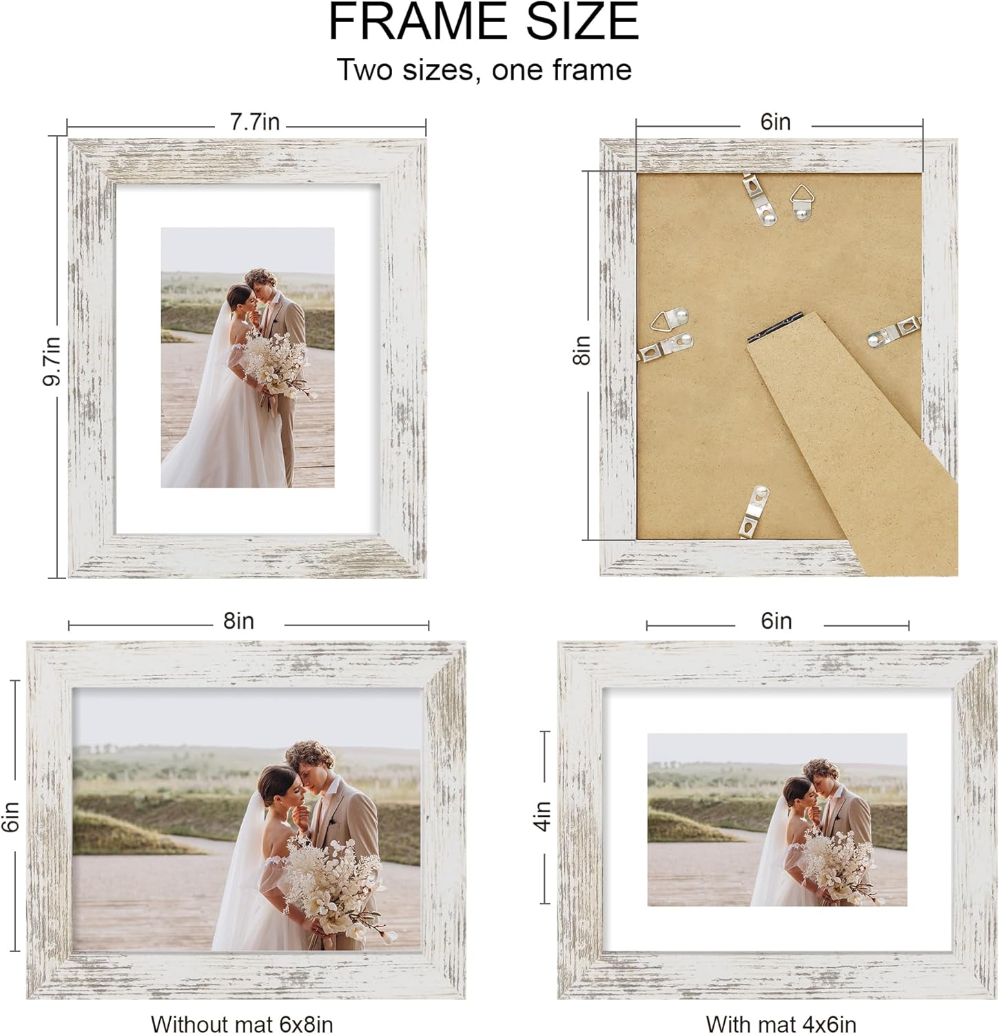 6x8 Picture Frame Set of 4, Made of Real Glass and Distressed White Frame - Display Picture 4x6 with Mat or 6x8 Without Mat, 6 by 8 Photo for Wall or Tabletop