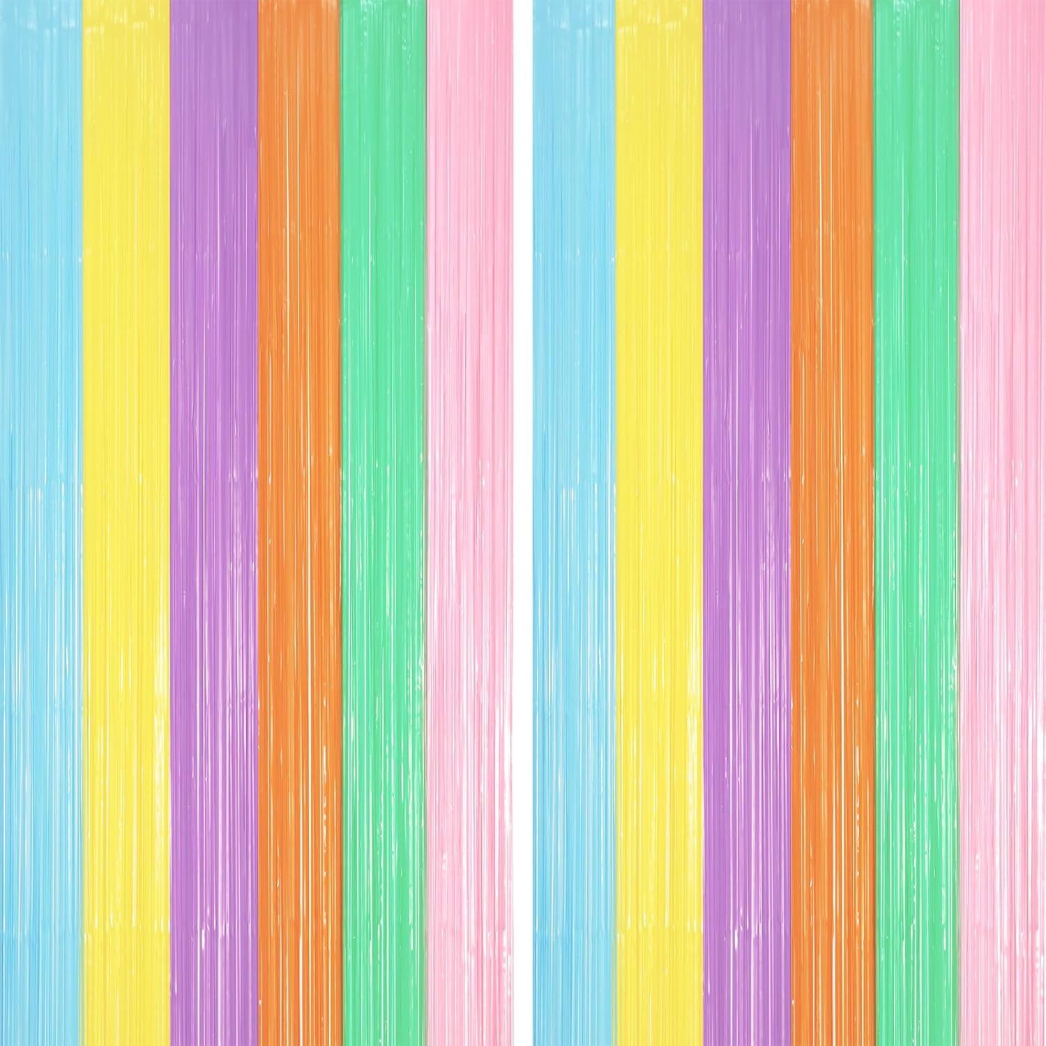 2 Pack Pastel Rainbow Foil Fringe Backdrop Curtains, Tinsel Streamers Party Decorations, Fringe Backdrop, Door Shimmer for Baby Shower or Birthday Party