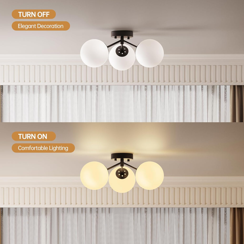 Maxax 17" Black Ceiling Light, 3 Lights Modern Flush Mount Fixture with Opal Milk Glass Globe, Mid Century Brass Semi Chandelier, Sputnik Ceiling Lamp for Living Room, Dining Room, Bedroom, Entryway