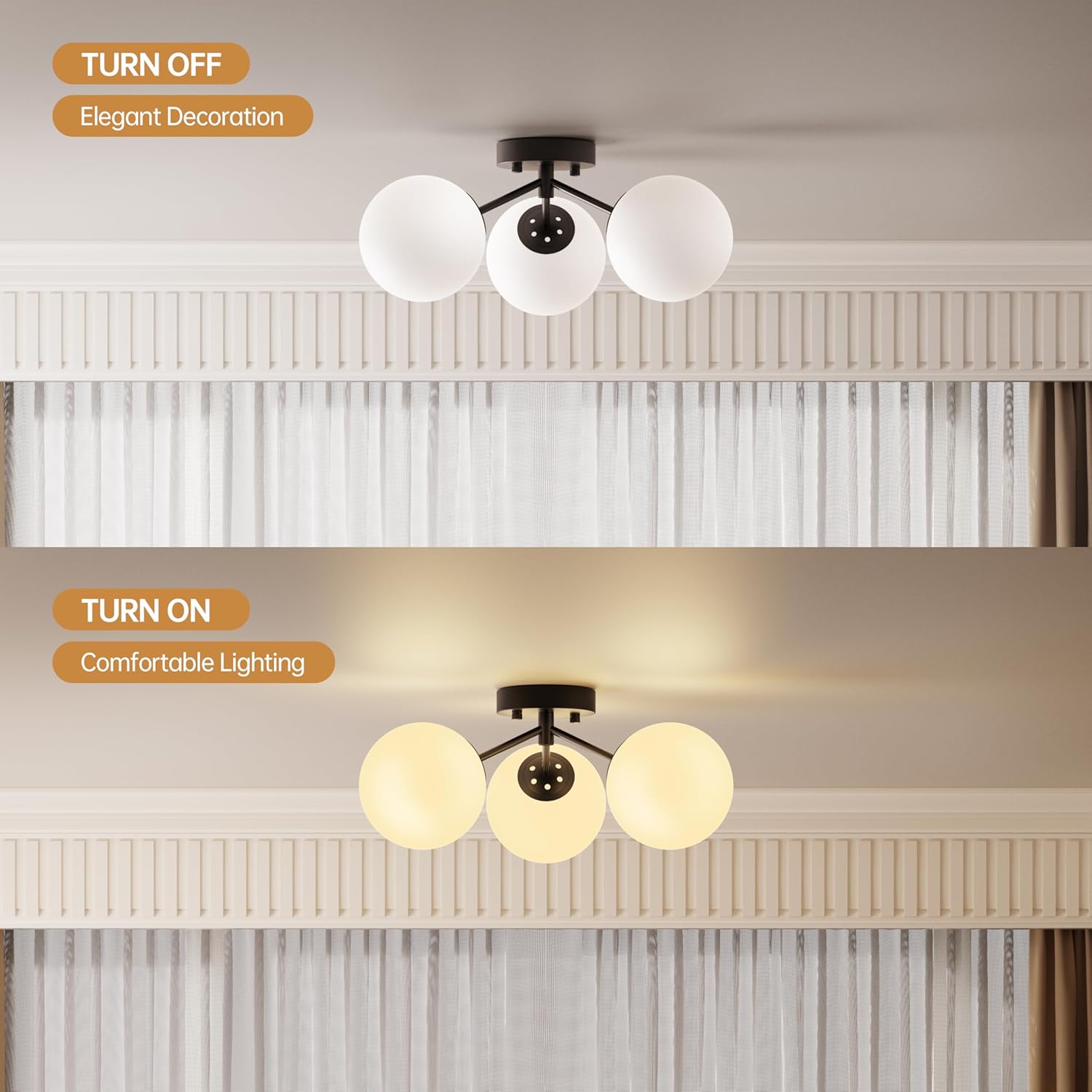 Maxax 17" Black Ceiling Light, 3 Lights Modern Flush Mount Fixture with Opal Milk Glass Globe, Mid Century Brass Semi Chandelier, Sputnik Ceiling Lamp for Living Room, Dining Room, Bedroom, Entryway