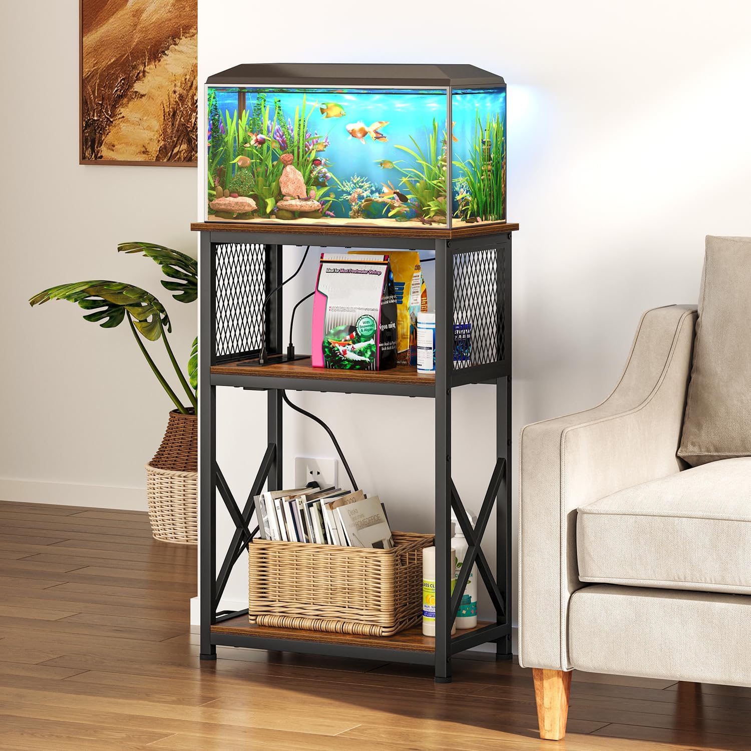 Snughome 10 Gallon Fish Tank Stand with Power Outlets, Aquarium Stand with Storage, 3 Tier Heavy Metal Reptile Tank Stand Fish Tank Shelf 20.47" x 11.42" x 30.91", Rustic Brown