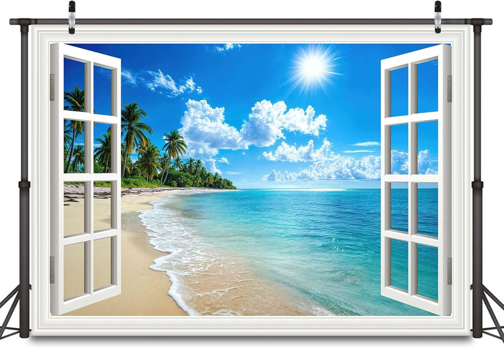 Beach Window Backdrop, Hawaiian Tropical Photo Backdrop, Ocean Island Green Palm Leaves Wedding Birthday Party Backdrop Photo Booth Props, 7X5ft
