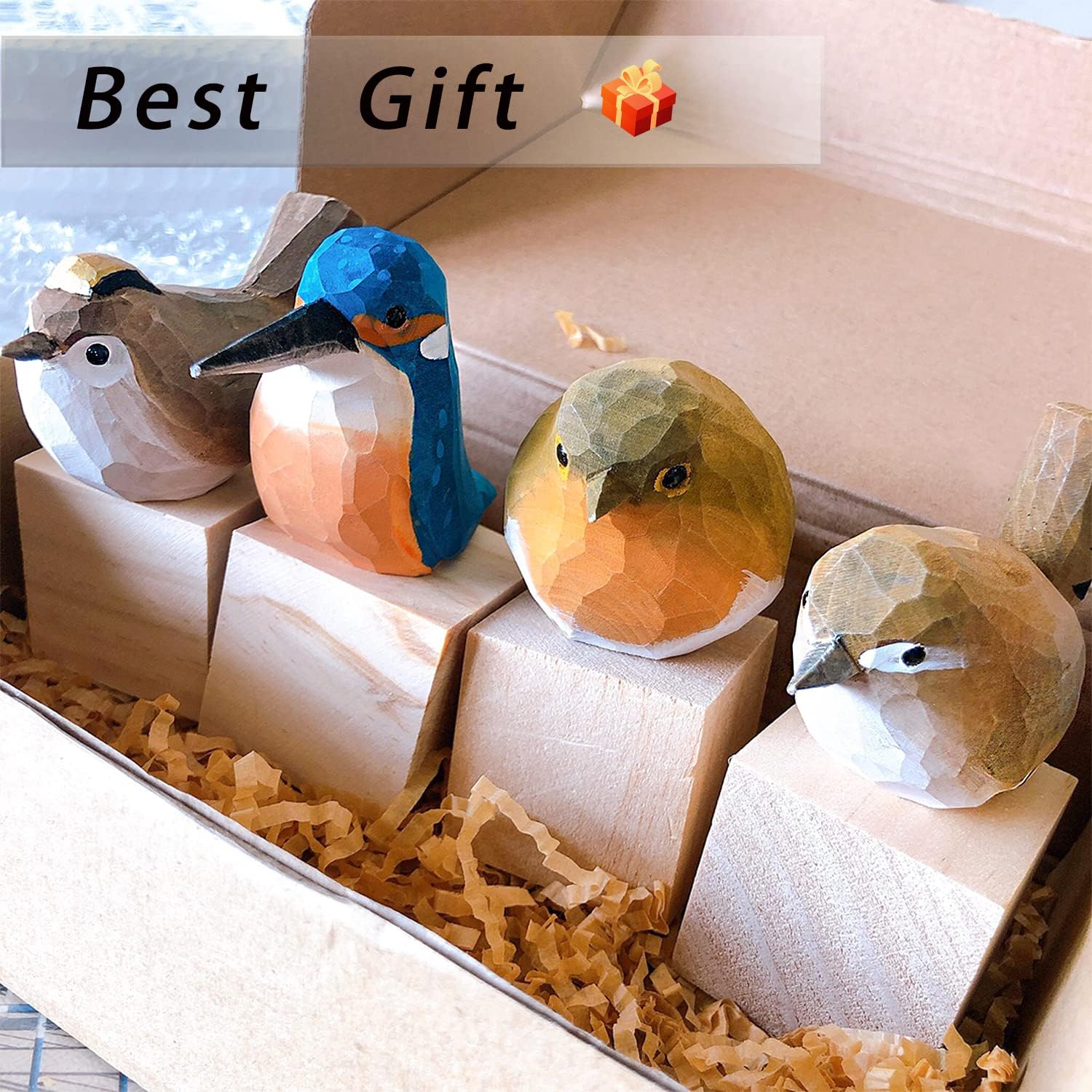 Handmade Wooden Carved Bird Decor Sculpted Hand-Painted Bird Figurines Small Home Decor Bird Statue Shelf Decor BFF Gifts for Bird Lovers (Suit 1)