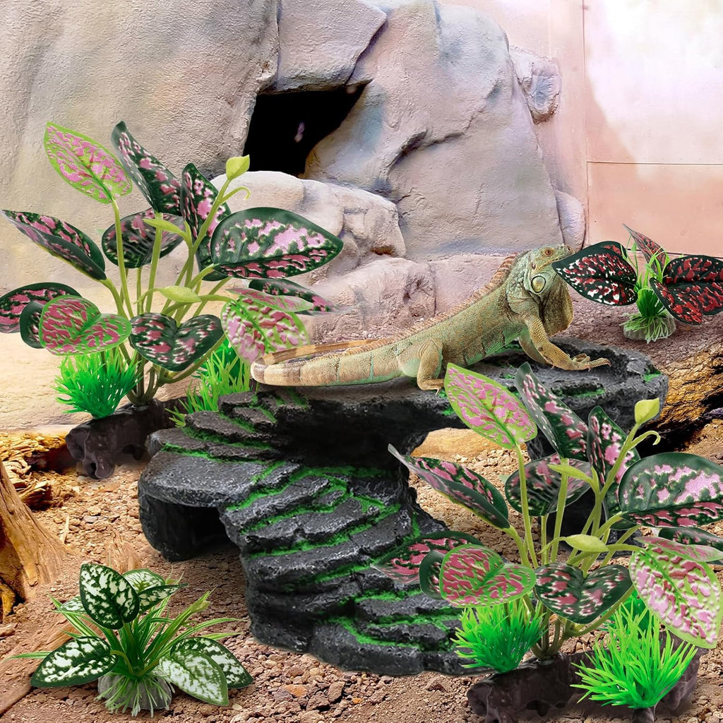 Reptile Artificial Plants, Terrarium Plants Decorations Supplies, Aquarium Fish Tank Plant, Amphibian Habitat Hideout Tank Accessories(M Set-4pcs/A)