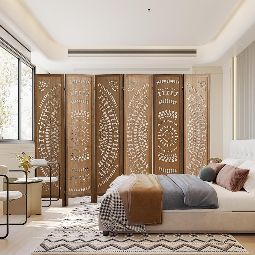 Room Dividers and Folding Privacy Screens, Boho 6 Panel Room Divider, 67" Room Divider Wall, Modern Room Partition, Privacy Dividers for Rooms, Bedroom, Office, Brown
