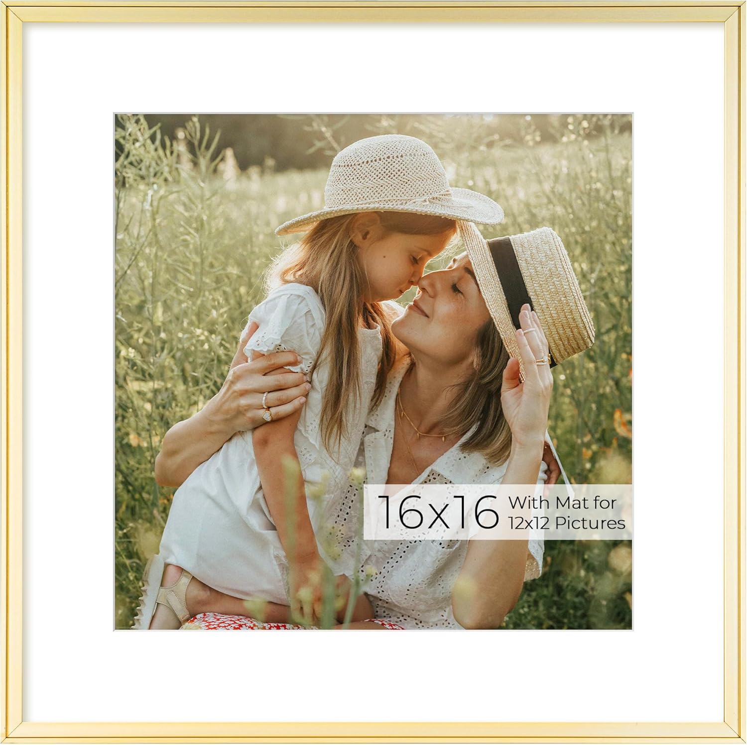 RICHFOCUS Aluminum Picture Frame - 16x16 Gold Metal Frame with Mat for 12x12 Photo, Floating Frame with Tempered Glass - Poster Frame Wall Hook Included for Gallery Wall
