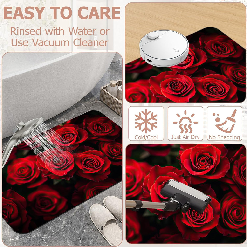 Non Slip Bath Mat,Red Roses Bathroom Decor,Floral Diatomaceous Bath Mat Quick Dry Absorbent Bathroom Rugs-Shower Rug for Kitchen Laundry Bathtub Shower 17"x29.5"