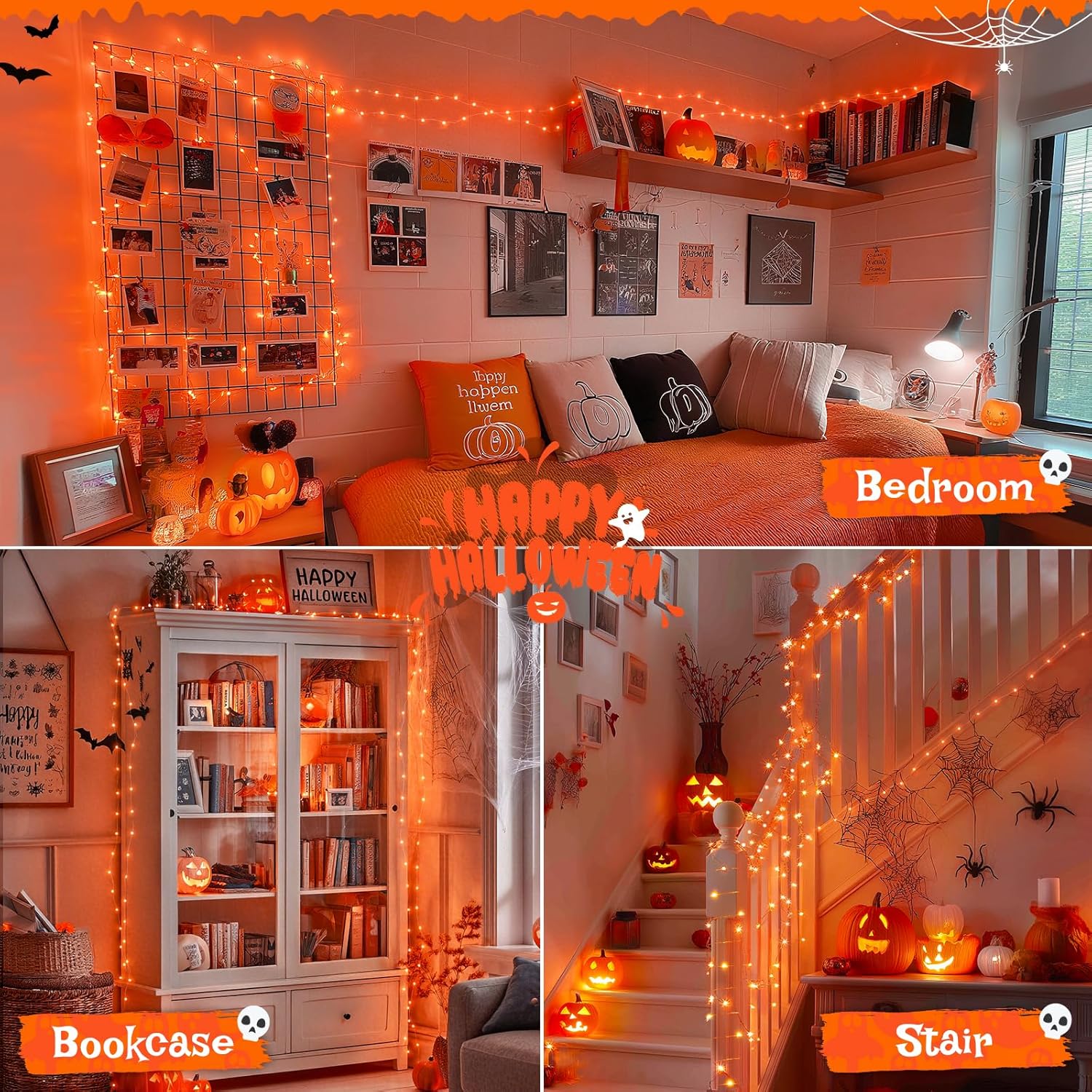 JMEXSUSS 2 Pack Orange Fairy Lights, Total 200 LED 66ft Battery Operated Halloween Lights with Remote, 8 Modes Twinkle String Light for Halloween Thangksgiving Fall Tree Indoor Outdoor Decoration