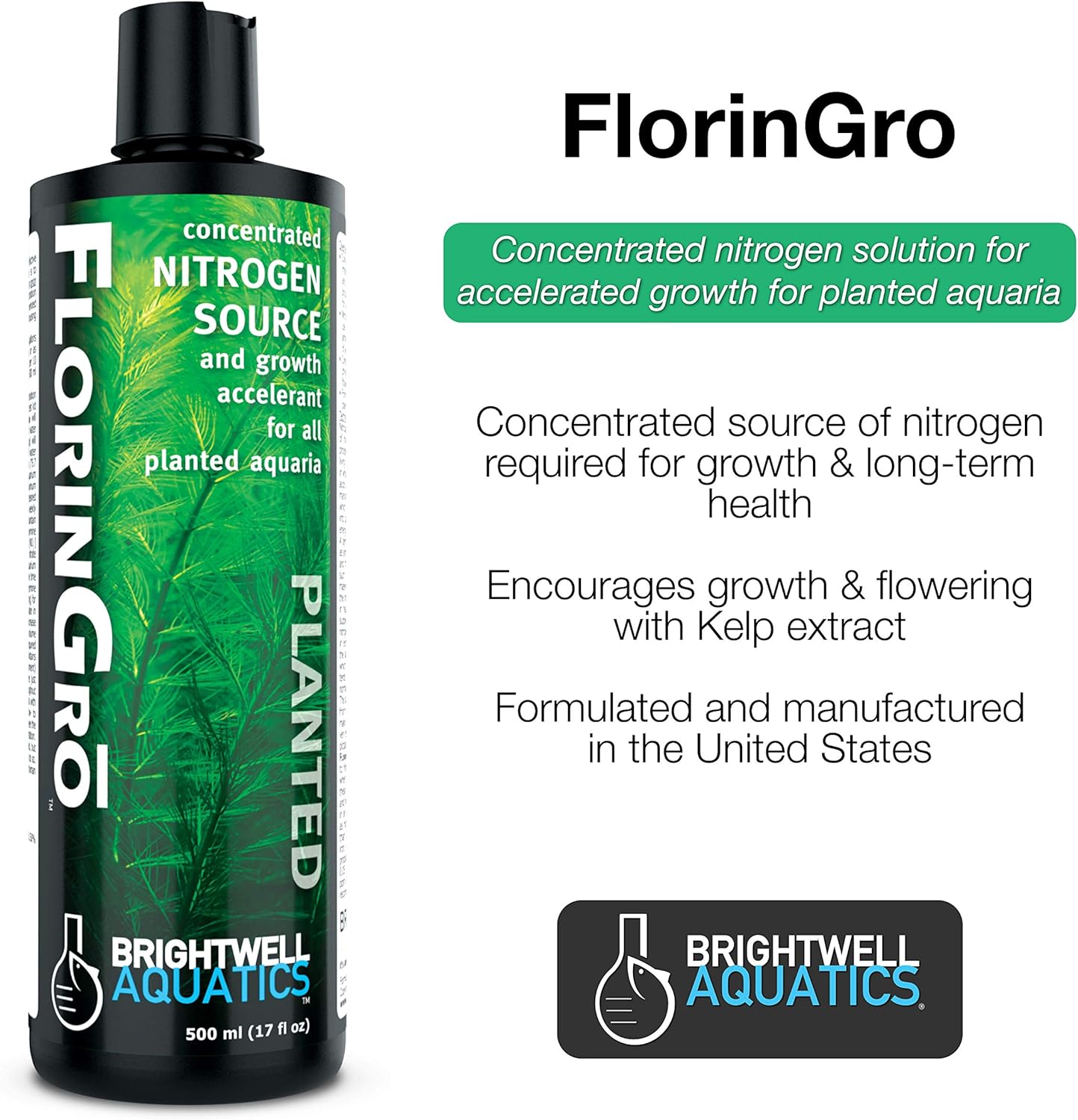 Brightwell Aquatics 17 fl. oz. Florin-Gro Nitrogen Fertilizer for Planted FW Aquaria, 500 mL, 810086011544