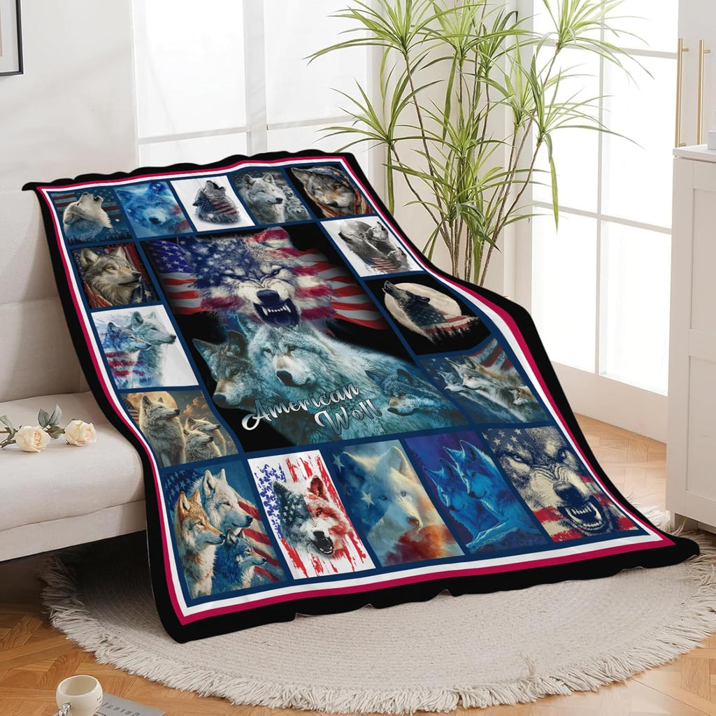 Wolf Throw Blanket American Flag Wolf Stuff Gifts for Kids Girls Boys Adults Women Men Soft Cozy Warm Plush Fluffy Fuzzy Fleece Blanket Decor 40''X50''