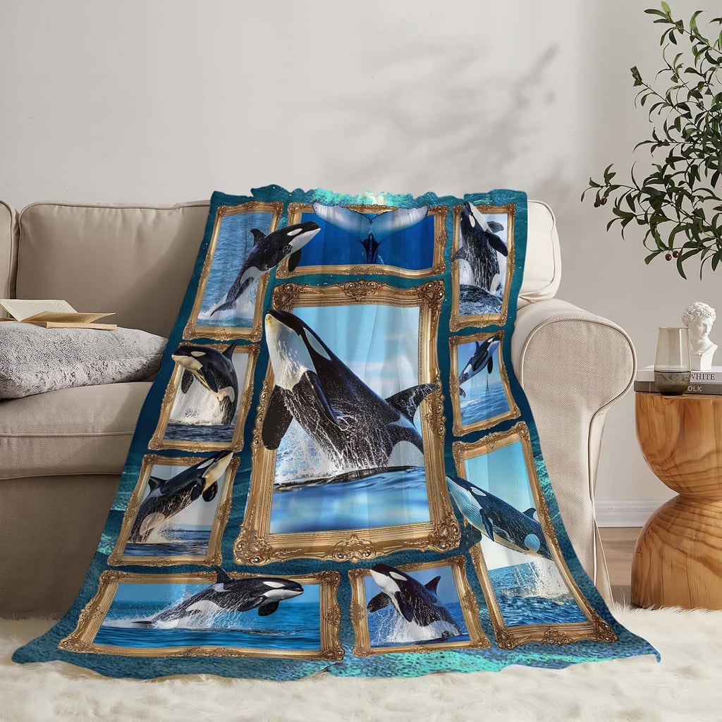 Orca Blanket Ocean Whale Throw Blanket Gifts for Girls Women Kids Boys Adults Men Super Soft Cozy Plush Fluffy Fuzzy Fleece Blanket Home Decor 60''X80''